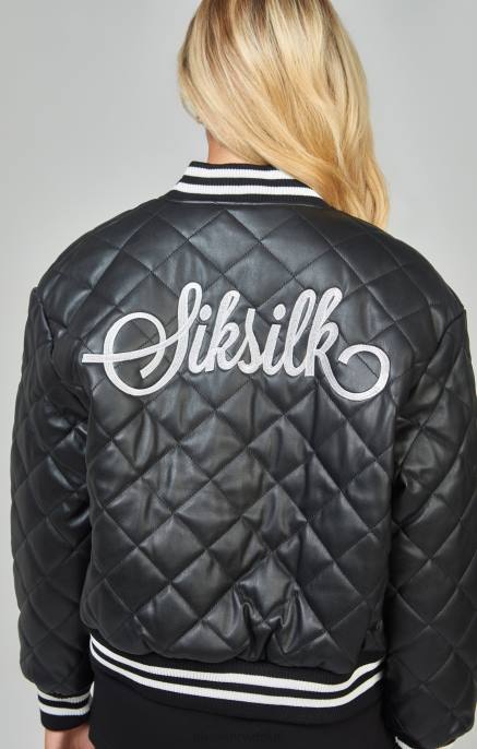 SikSilk žene crna pu prošivena sveučilišna jakna D088135 odjeća